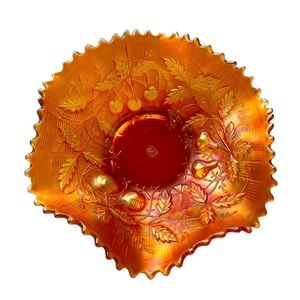 Vintage NORTHWOOD CARNIVAL GLASS Ruffled Dish With Fruit Design. Mint Condition.